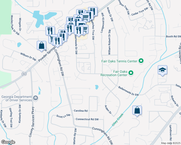 map of restaurants, bars, coffee shops, grocery stores, and more near 1344 Surrey Lane Southwest in Marietta