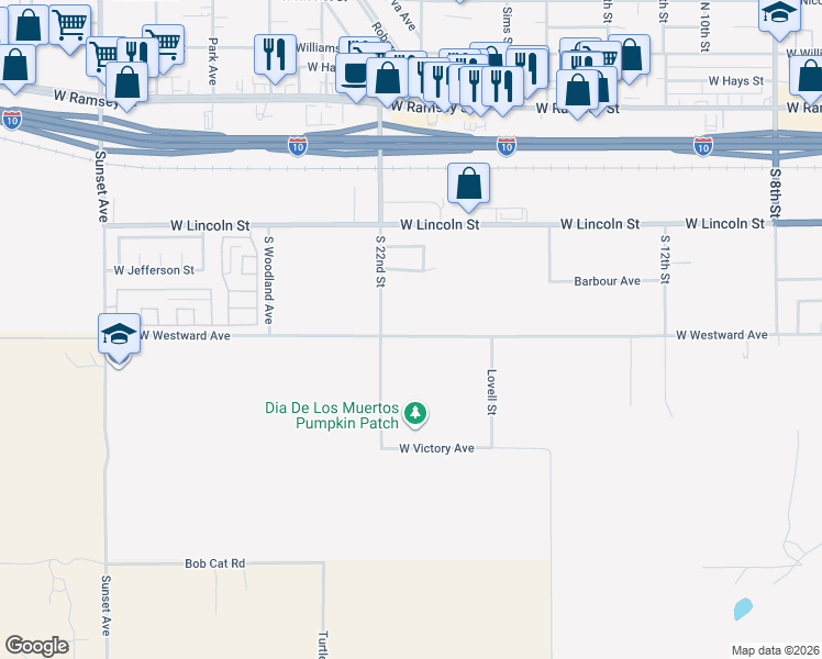 map of restaurants, bars, coffee shops, grocery stores, and more near 2079 West Westward Avenue in Banning