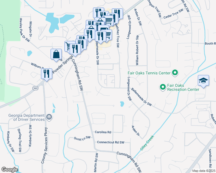 map of restaurants, bars, coffee shops, grocery stores, and more near 1351 Old Coach Road Southwest in Marietta