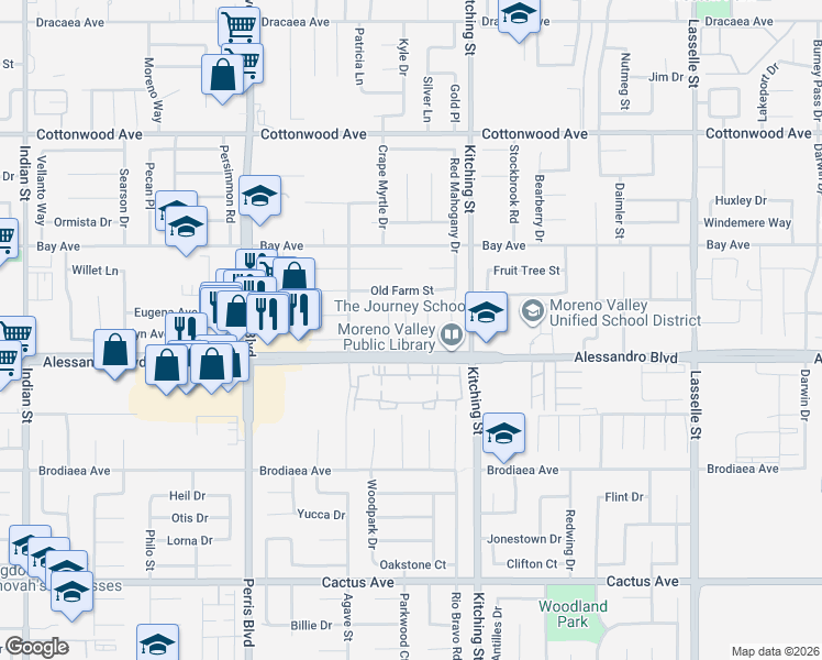 map of restaurants, bars, coffee shops, grocery stores, and more near 13938 Moreno Rose Place in Moreno Valley
