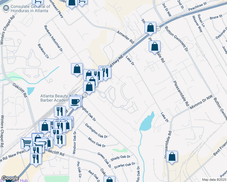 map of restaurants, bars, coffee shops, grocery stores, and more near 7007 Kingswood Run Drive in Atlanta