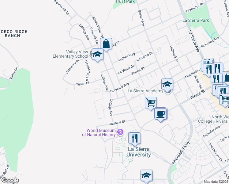 map of restaurants, bars, coffee shops, grocery stores, and more near 5090 Peacock Lane in Riverside