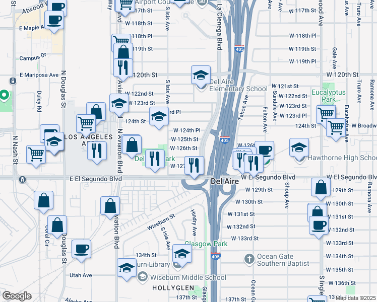 map of restaurants, bars, coffee shops, grocery stores, and more near 5314 West 126th Street in Hawthorne