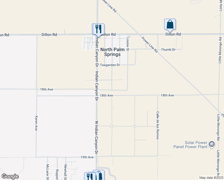 map of restaurants, bars, coffee shops, grocery stores, and more near 18th Avenue in NO PALM SPRINGS