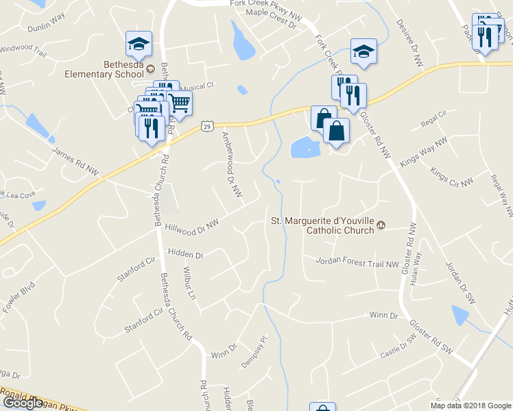 map of restaurants, bars, coffee shops, grocery stores, and more near 2952 Hillwood Drive Northwest in Lawrenceville