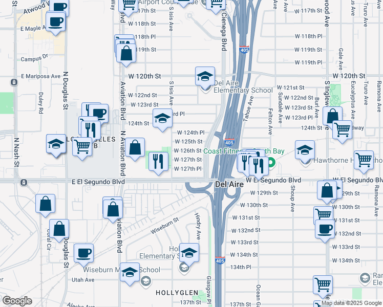 map of restaurants, bars, coffee shops, grocery stores, and more near 5314 West 126th Street in Hawthorne