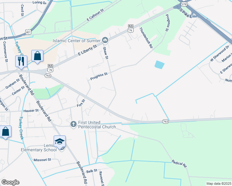 map of restaurants, bars, coffee shops, grocery stores, and more near Shaw Street in Sumter