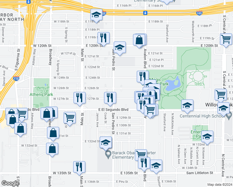 map of restaurants, bars, coffee shops, grocery stores, and more near 12618 San Pedro Street in Los Angeles