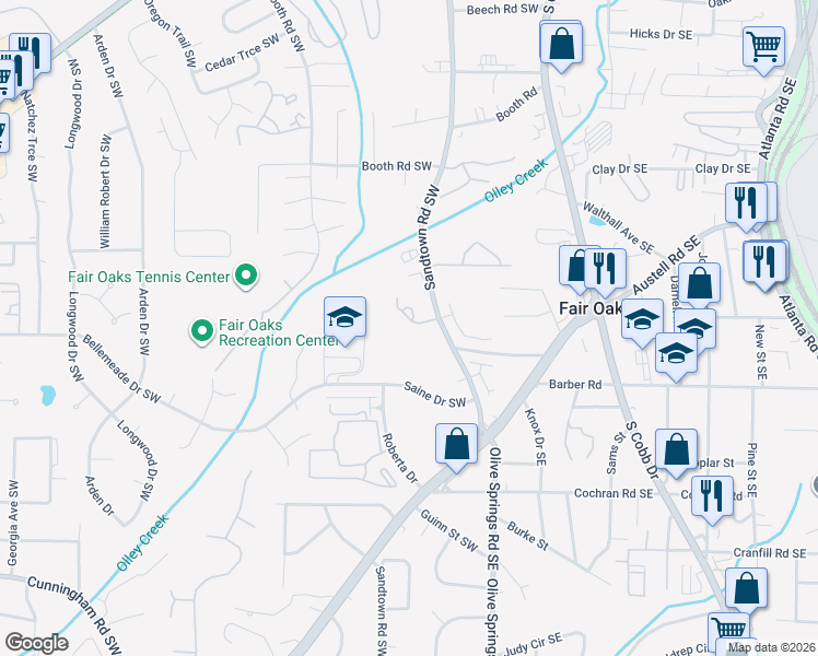 map of restaurants, bars, coffee shops, grocery stores, and more near 1382 Sandtown Green Southwest in Marietta