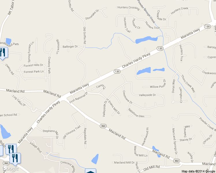 map of restaurants, bars, coffee shops, grocery stores, and more near 380 Camry Circle in Dallas