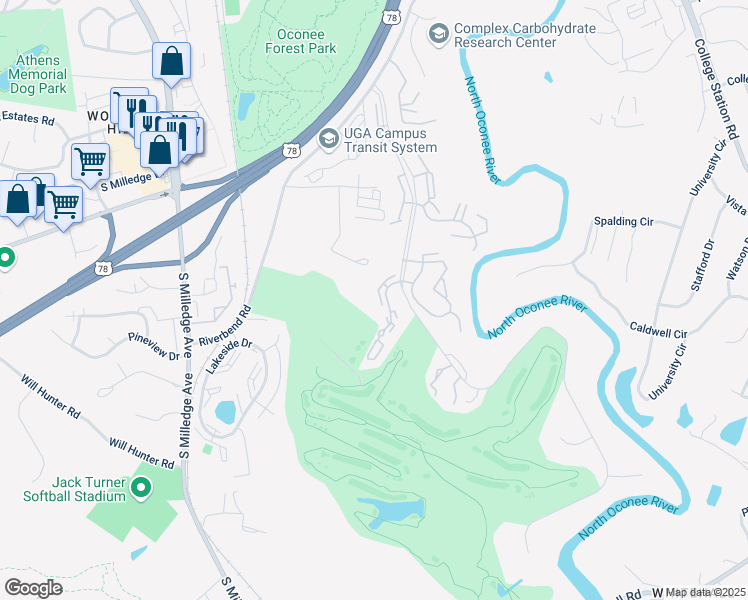 map of restaurants, bars, coffee shops, grocery stores, and more near 100 Woodstone Drive in Athens