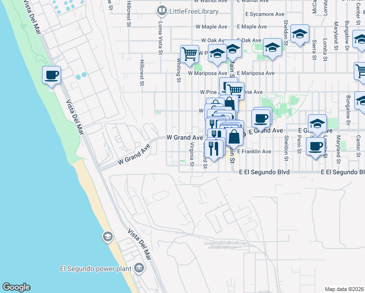 map of restaurants, bars, coffee shops, grocery stores, and more near 210 Whiting Street in El Segundo