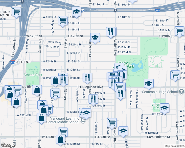 map of restaurants, bars, coffee shops, grocery stores, and more near 12618 San Pedro Street in Los Angeles
