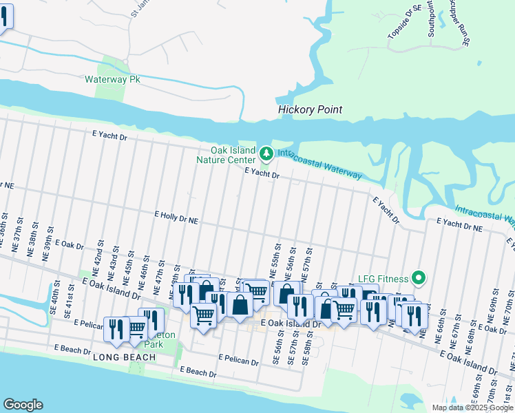 map of restaurants, bars, coffee shops, grocery stores, and more near 318 Northeast 52nd Street in Oak Island