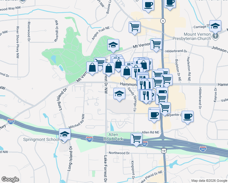 map of restaurants, bars, coffee shops, grocery stores, and more near 90 Forrest Place Northeast in Atlanta