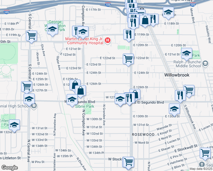 map of restaurants, bars, coffee shops, grocery stores, and more near 1700 East 126th Street in Compton