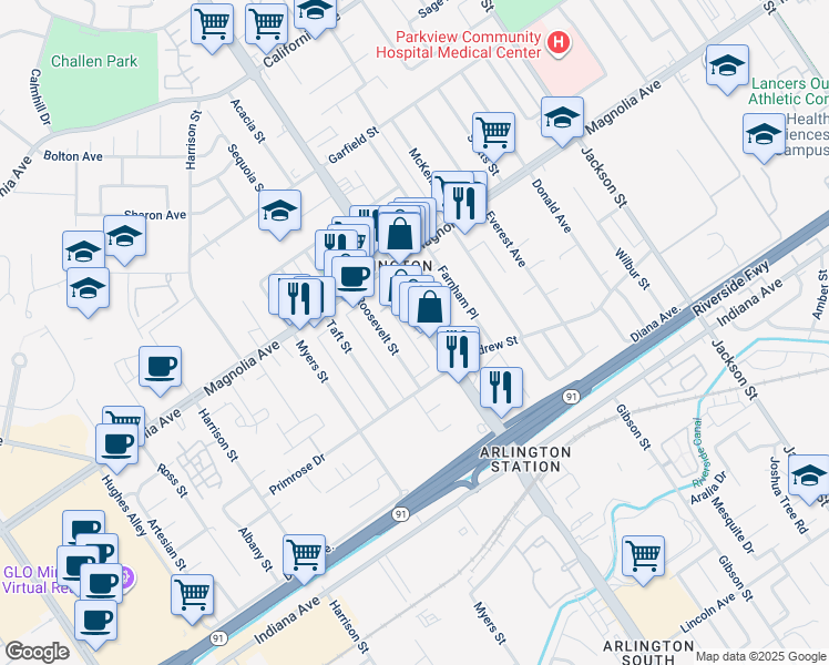 map of restaurants, bars, coffee shops, grocery stores, and more near 3688 Van Buren Blvd in Riverside