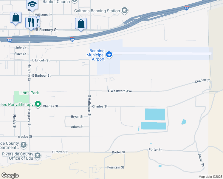 map of restaurants, bars, coffee shops, grocery stores, and more near 1973 East Westward Avenue in Banning