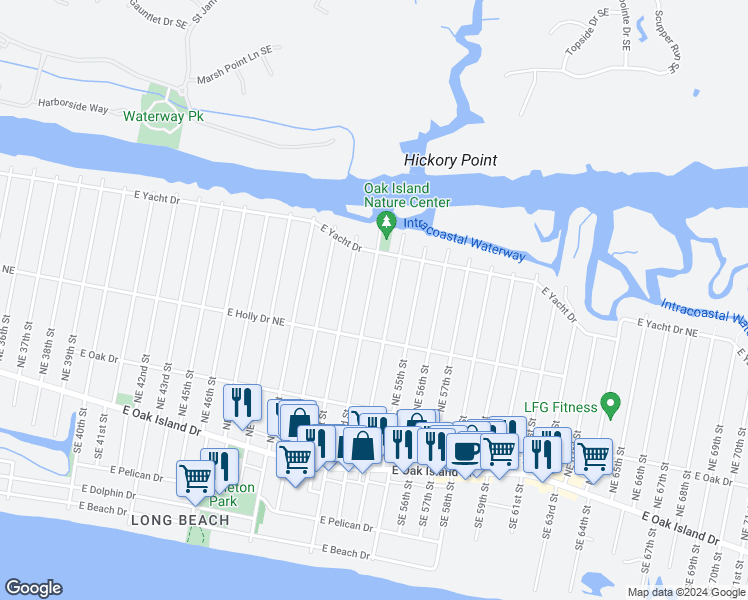 map of restaurants, bars, coffee shops, grocery stores, and more near 318 Northeast 52nd Street in Oak Island