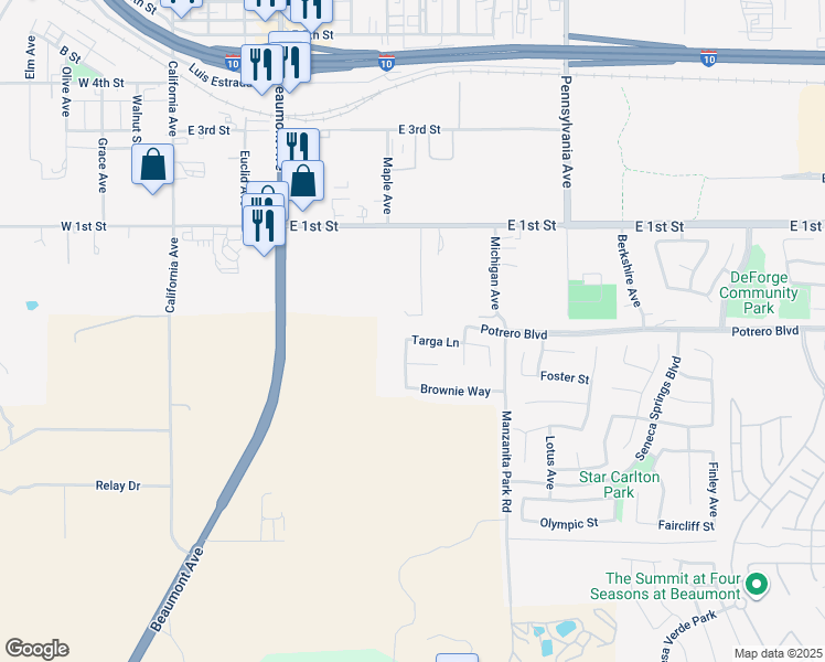 map of restaurants, bars, coffee shops, grocery stores, and more near 789 Targa Lane in Beaumont
