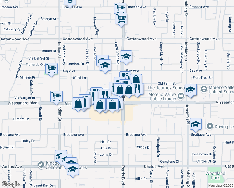 map of restaurants, bars, coffee shops, grocery stores, and more near 2550 Perris Boulevard in Moreno Valley