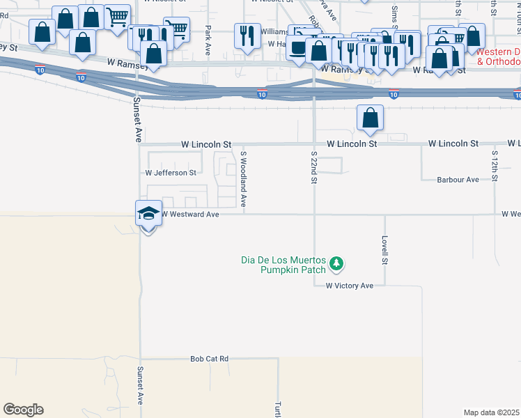 map of restaurants, bars, coffee shops, grocery stores, and more near 2485 West Westward Avenue in Banning