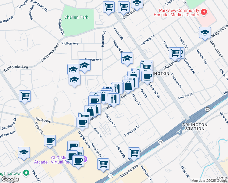 map of restaurants, bars, coffee shops, grocery stores, and more near 3849 Harrison Street in Riverside