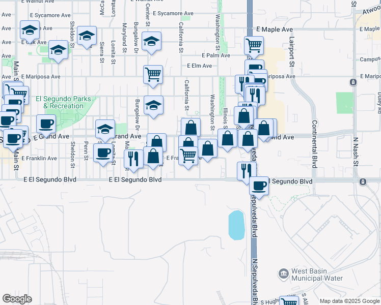 map of restaurants, bars, coffee shops, grocery stores, and more near 1401 East Franklin Avenue in El Segundo