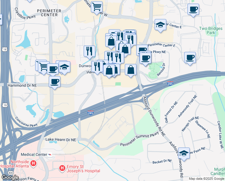 map of restaurants, bars, coffee shops, grocery stores, and more near 244 Perimeter Center Parkway Northeast in Dunwoody