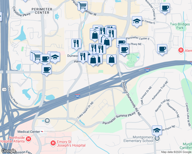 map of restaurants, bars, coffee shops, grocery stores, and more near 244 Perimeter Center Parkway Northeast in Dunwoody