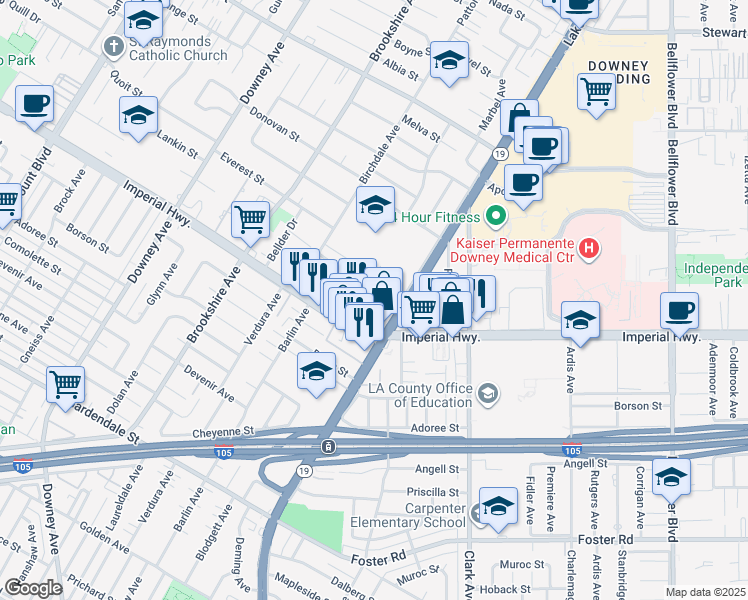 map of restaurants, bars, coffee shops, grocery stores, and more near 8712 Meadow Road in Downey