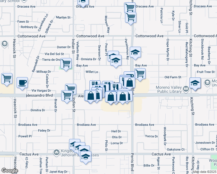 map of restaurants, bars, coffee shops, grocery stores, and more near 24800 Carolyn Avenue in Moreno Valley