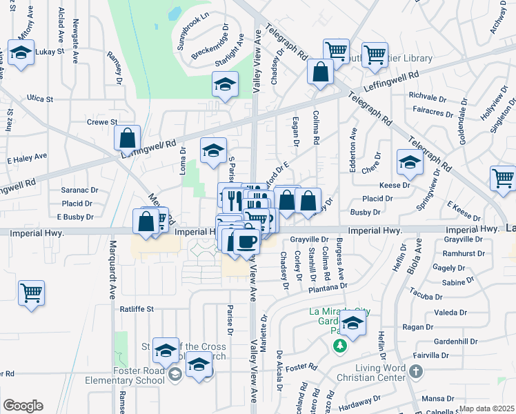 map of restaurants, bars, coffee shops, grocery stores, and more near 12234 Valley View Avenue in Whittier