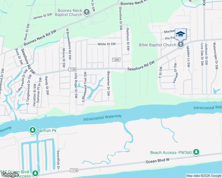 map of restaurants, bars, coffee shops, grocery stores, and more near 2562 Bessemer Drive Southwest in Brunswick County