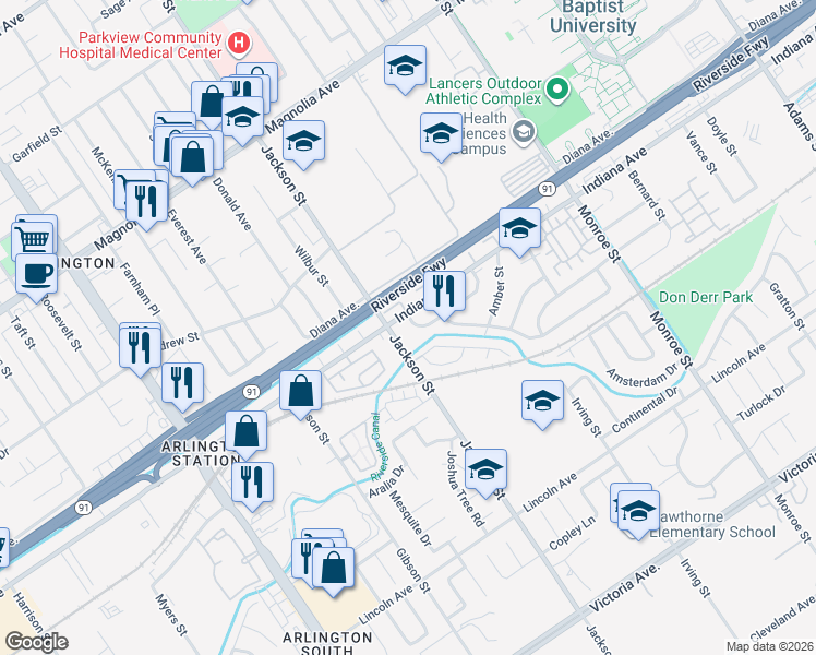 map of restaurants, bars, coffee shops, grocery stores, and more near in Riverside