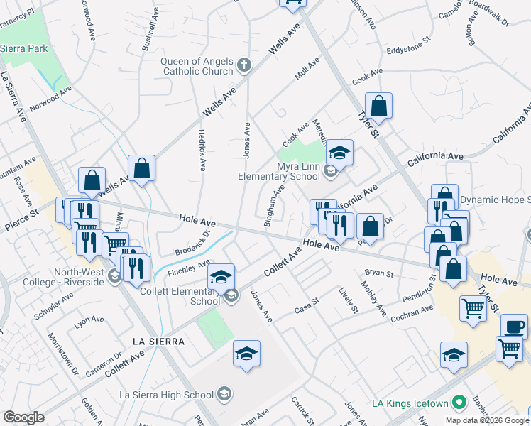 map of restaurants, bars, coffee shops, grocery stores, and more near 10710 Rossbo Avenue in Riverside