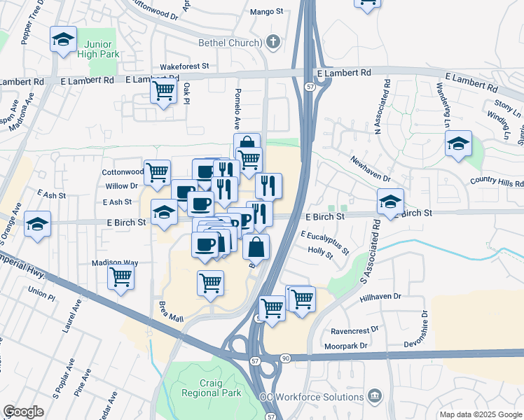 map of restaurants, bars, coffee shops, grocery stores, and more near 200-208 State College Boulevard in Brea