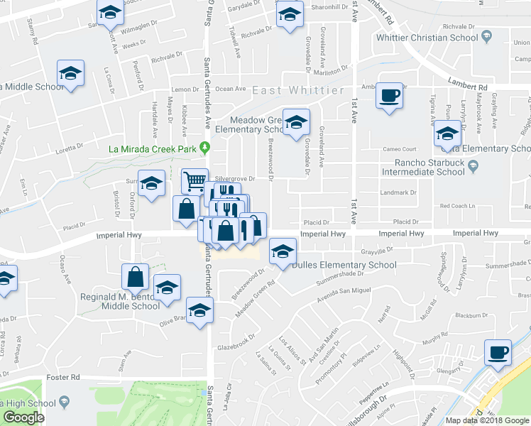 map of restaurants, bars, coffee shops, grocery stores, and more near 12416 Clearglen Avenue in Whittier