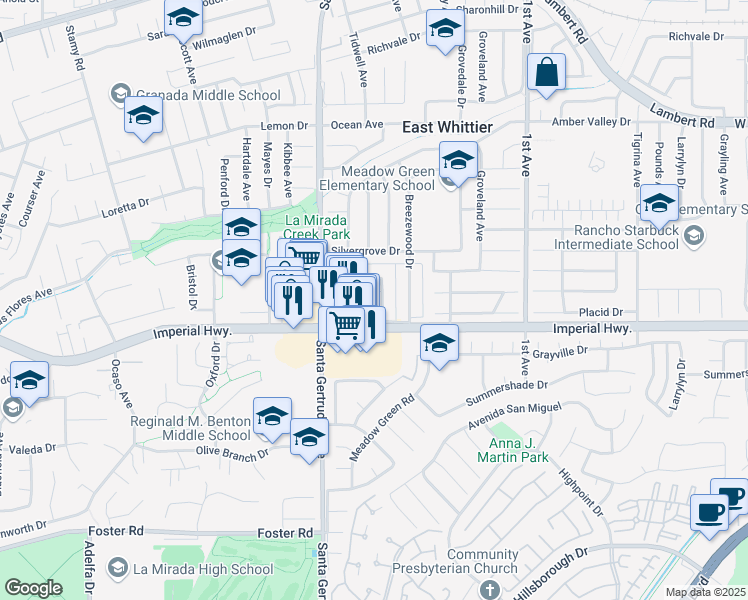 map of restaurants, bars, coffee shops, grocery stores, and more near 12416 Clearglen Avenue in Whittier