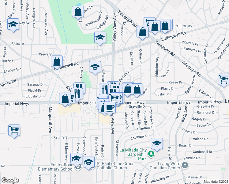 map of restaurants, bars, coffee shops, grocery stores, and more near 12300 Valley View Avenue in Whittier