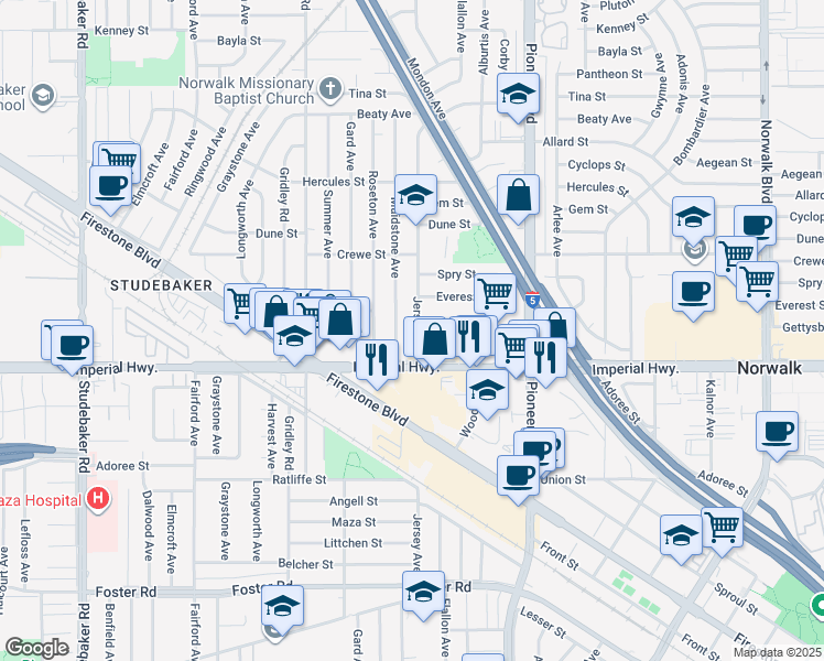 map of restaurants, bars, coffee shops, grocery stores, and more near 11603 Leeds Street in Norwalk