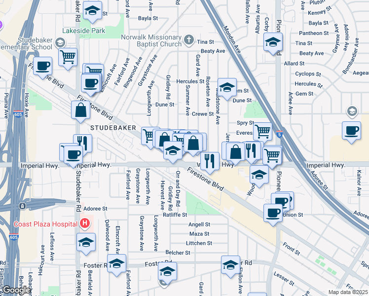 map of restaurants, bars, coffee shops, grocery stores, and more near 12418 Orr and Day Road in Norwalk