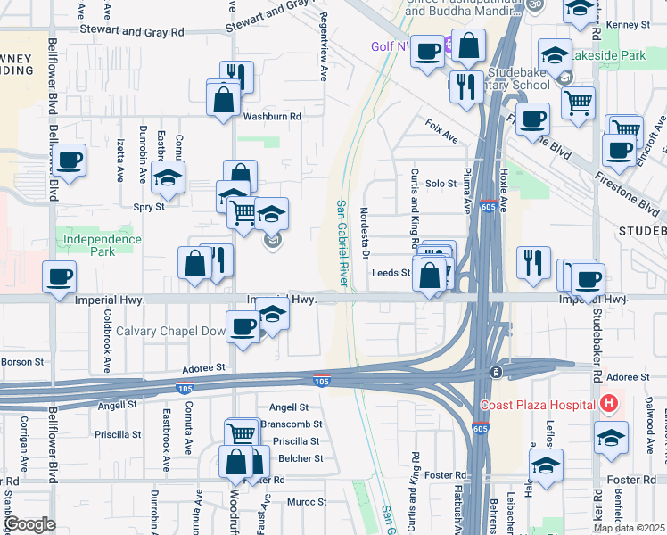 map of restaurants, bars, coffee shops, grocery stores, and more near 10045 Imperial Highway in Downey