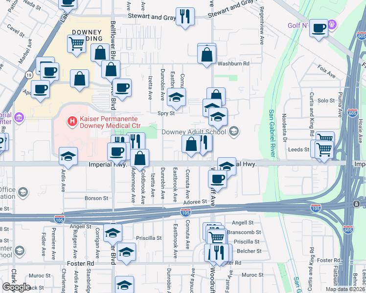 map of restaurants, bars, coffee shops, grocery stores, and more near 12417 Benedict Avenue in Downey