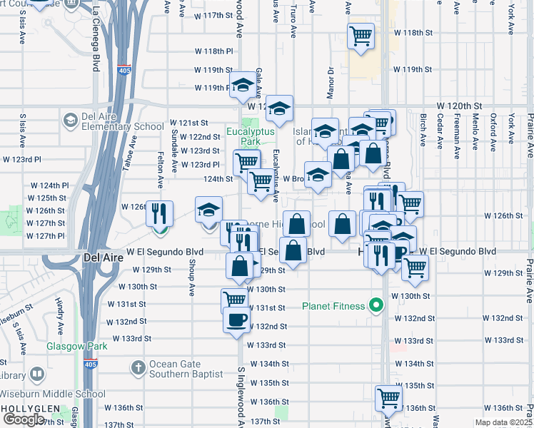 map of restaurants, bars, coffee shops, grocery stores, and more near 12615 Eucalyptus Avenue in Hawthorne