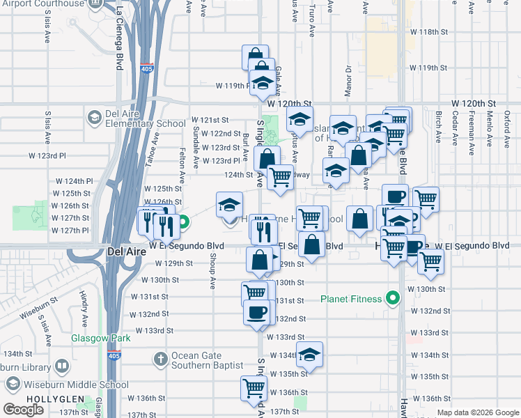 map of restaurants, bars, coffee shops, grocery stores, and more near 10 South Inglewood Avenue in Hawthorne