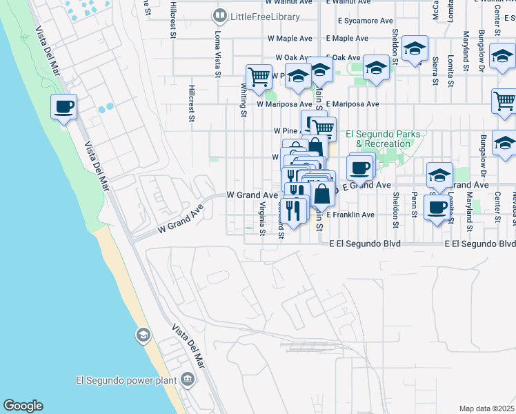 map of restaurants, bars, coffee shops, grocery stores, and more near 202 Whiting Street in El Segundo
