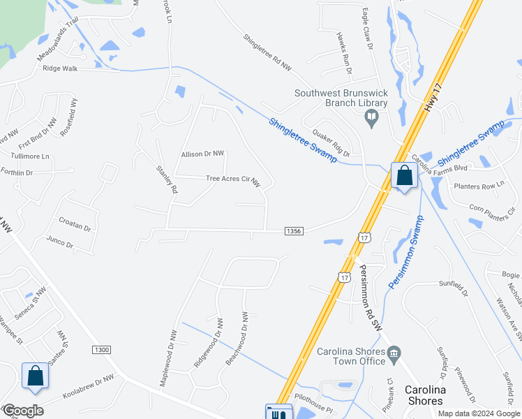 map of restaurants, bars, coffee shops, grocery stores, and more near 621-649 Tree Acres Circle Northwest in Calabash