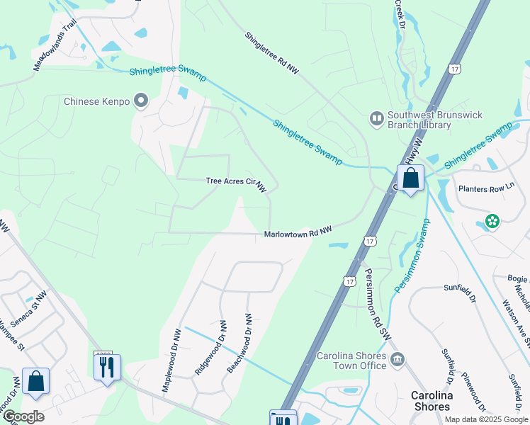 map of restaurants, bars, coffee shops, grocery stores, and more near 621-649 Tree Acres Circle Northwest in Calabash
