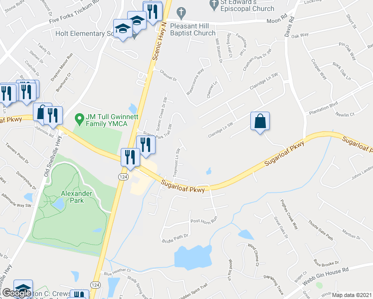 map of restaurants, bars, coffee shops, grocery stores, and more near 1119 Treymont Lane Southwest in Lawrenceville